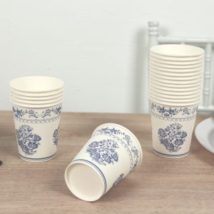 24 Pack Paper Cups in White Royal Blue Damask Floral Pattern, Elegant Disposable Party Cups - 9oz